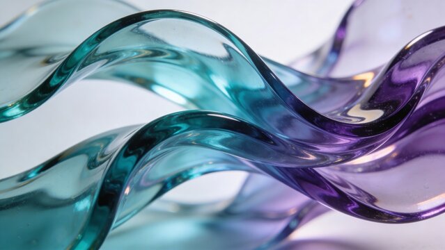 Translucent abstract colored glass waves in teal and purple, flowing layered setup, backlit studio g