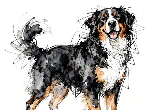 Minimalist abstract sketch series : happy Bernese Mountain dog, isolated studio portrait of a canine pet in pure white background 007