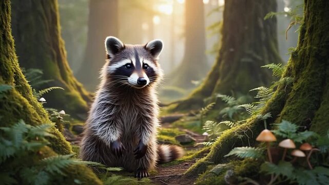 Adorable raccoon sitting in misty forest surrounded by mossy trees