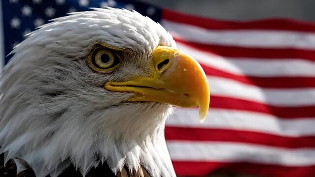 Ultra realistic cinematic shot of bald eagle head centered in frame intense focused eyes slight side angle smooth organic movement feathers sharply defined detailed plumage texture dramatic rim light 