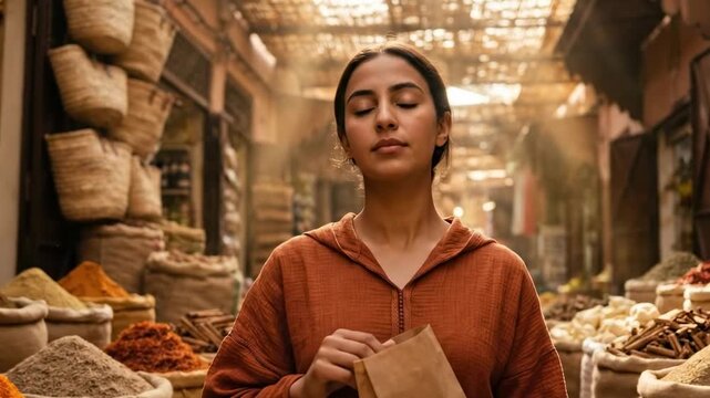 A morocco woman stands confidently in a bustling market, surrounded by sacks of colorful spices and grains, with warm sunlight filtering through a canopy above, creating an inviting atmosphere