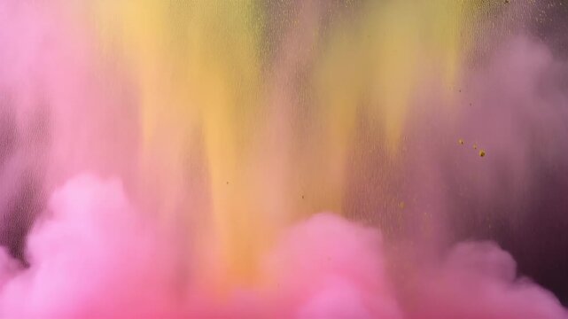 Vibrant pink and yellow powder exploding in dramatic motion against black background