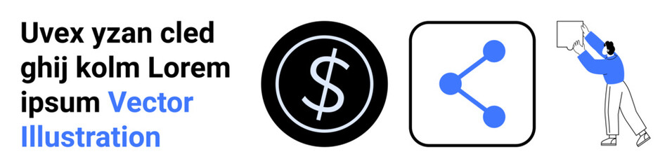 Obraz premium Financial tools, digital connectivity, content sharing, explanations, online economy, communication. Dollar symbol, connection icon and person holding a message box. Finance and digital connectivity
