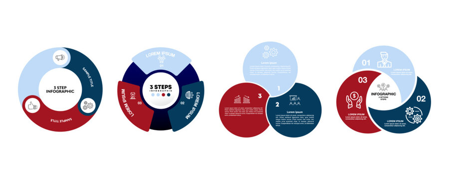 Circle infographic 3 step option set vector, for business presentation or communication. Venn diagram 3 option set. Vector editable