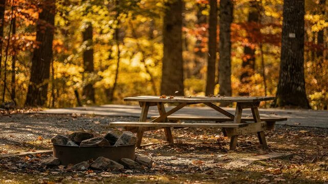 Vibrant autumn foliage surrounds a backin RV campsite clear focus on a fire ring and picnic table while golden leaves and tree trunks softly fade into the background blur.