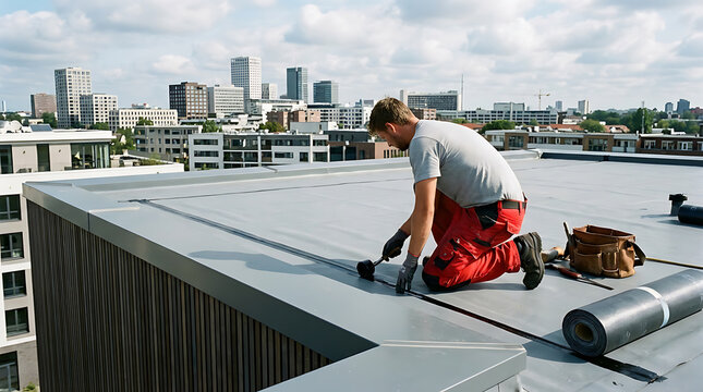 Professional roofer working on modern flat roof with city skyline
