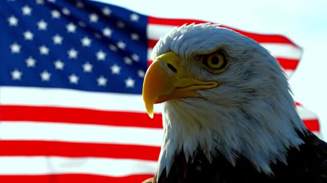 Macro style cinematic close up of bald eagle face intense stare subtle blink natural micro movements highly detailed white head feathers realistic texture dramatic side lighting strong shadow depth sh