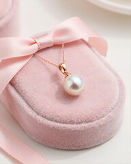 Valentines Day Rose Gold Pearl Necklace with Silk Ribbon