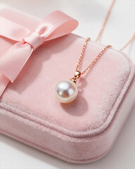Valentines Day Rose Gold Pearl Necklace with Silk Ribbon