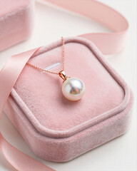 Valentines Day Rose Gold Pearl Necklace with Silk Ribbon