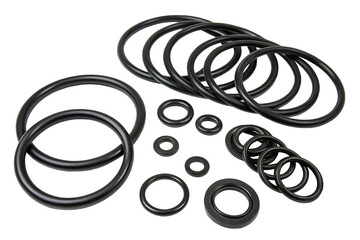 Varied sizes of nitrile rubber sealing rings displayed in organized collection isolated on a transparent background