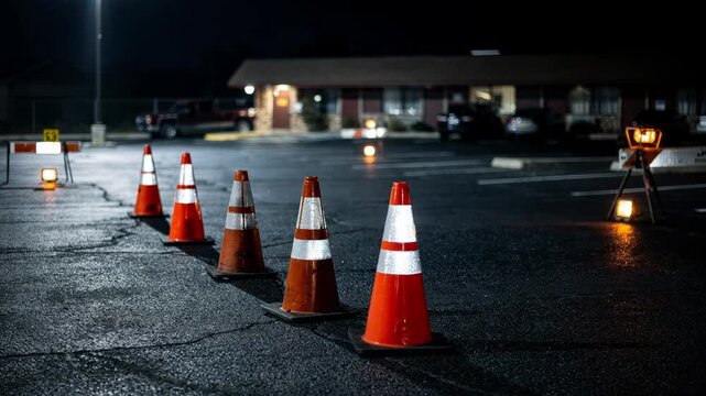 Nighttime medium shot of reflective safety cones and equipment at motel parking lot job site freshly resurfaced pavement gleaming under artificial work lights with background