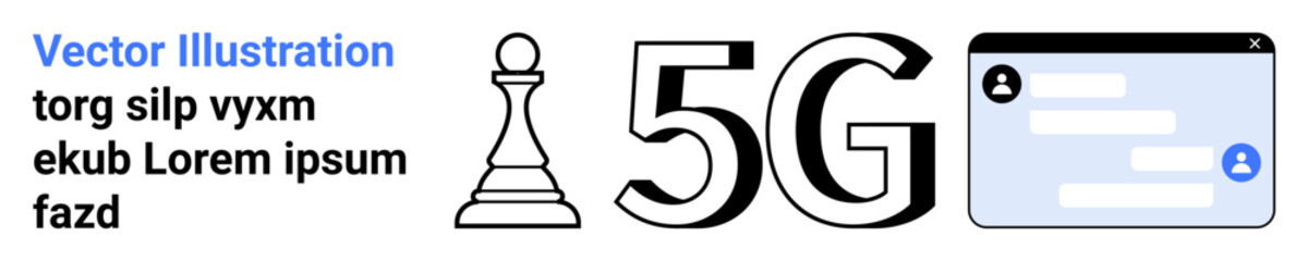 Fototapeta premium Network innovation, mobile communication, strategy, user interface, online connectivity, digital transformation. Visual includes 5G text, a chess pawn and a user interface. Network innovation