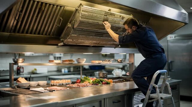 Technician replacing filters inside ventilation hood over breakfast prep station foreground in crisp detail kitchen softly blurred.
