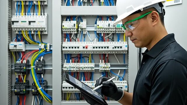 Expert Technician at Work: An Asian technician meticulously inspects a complex electrical panel, utilizing a tablet to diagnose and maintain the system. Demonstrating precision and expertise.
