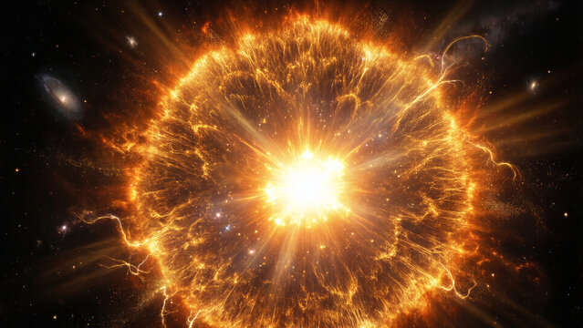 A powerful supernova explosion in deep space with bright stellar flare and galaxy background