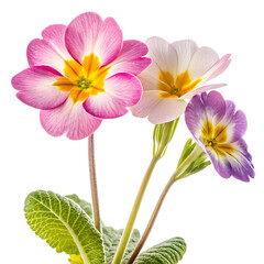 Delicate Spring Primroses in Soft Pastel Petals with Bright Yellow Centers isolated on a transparent background
