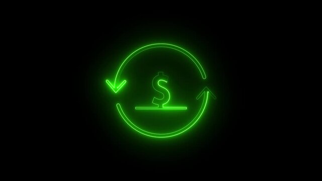 Glowing blue neon line icon animation showing a dollar symbol inside circular refresh arrows. Concept of money exchange, cash flow, financial transaction, payment update, currency conversion