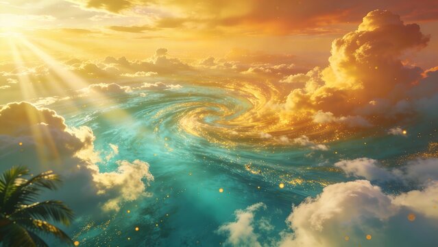 Vibrant sky gradient abstract from tropical turquoise to sunset gold, swirling cloud formations comp