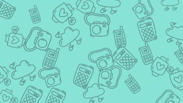 Animated doodle money and camera icons in teal background video.