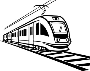 Vintage Train Locomotive on Railway Track Black and White Vector Illustration