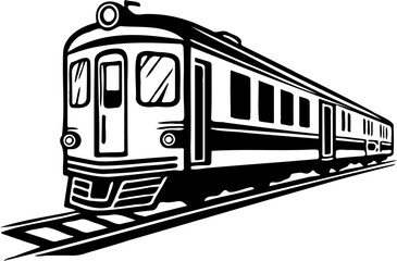 Vintage Train Locomotive on Railway Track Black and White Vector Illustration