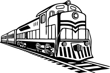 Vintage Train Locomotive on Railway Track Black and White Vector Illustration