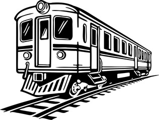 Vintage Train Locomotive on Railway Track Black and White Vector Illustration