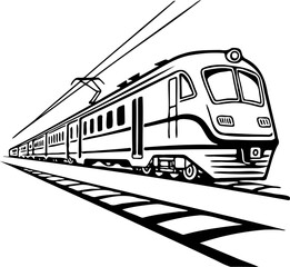 Vintage Train Locomotive on Railway Track Black and White Vector Illustration