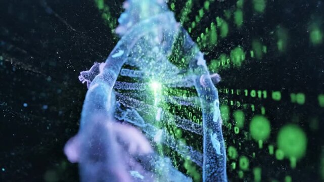 Digital abstract glowing blue and purple DNA helix with paw print icons