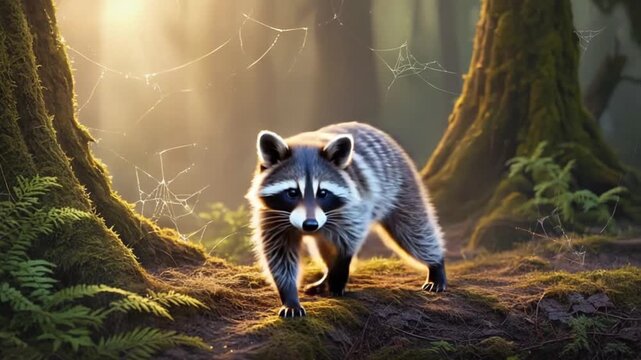 Curious raccoon exploring forest habitat with mossy trees and spider webs