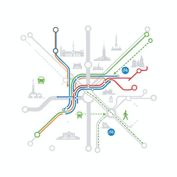 Modern Urban Transit Map with Diverse Transportation Lines and Landmarks