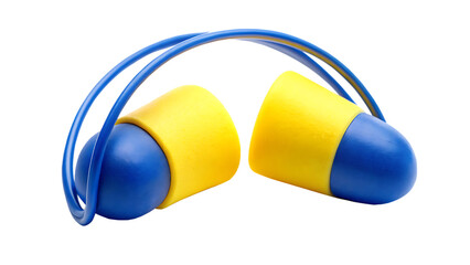 Bright yellow earplugs with blue headband and padded ear cups shown transparent isolated on a transparent background
