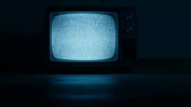 Vintage television with static screen in dark room