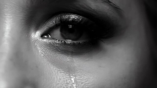 Emotional Black and White Close-up of a Single Tear Falling from an Eye