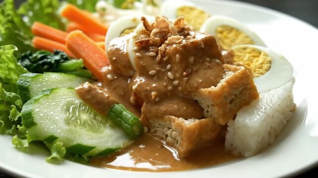 Fresh Indonesian Gado gado Salad with Peanut Sauce and Hard boiled Eggs on a White Plate
