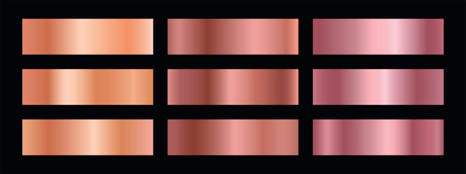 Gradient metallic foil palette. Gradation of gold, bronze and pink gold texture isolated on black background