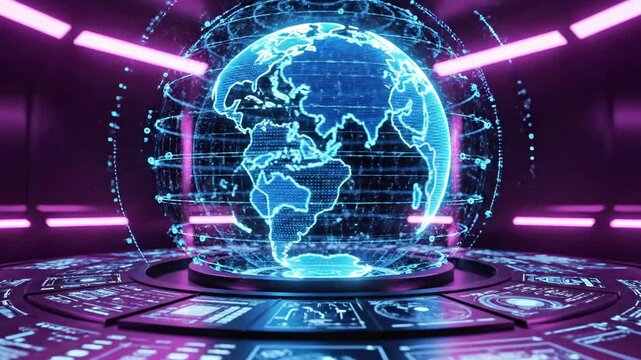 A futuristic digital globe centered in a sleek room with neon purple lighting and circuit board patterns on the floor and walls, showcasing a map of the world