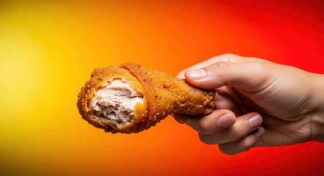 Hand holding a fried chicken drumstick with a bite taken out in a colorful studio
