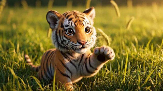 A cartoon tiger cub playfully raises a paw in a sunlit green meadow with a soft focus.