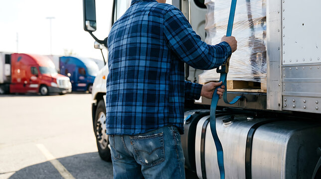 Truck driver securing cargo with ratchet strap in logistics yard