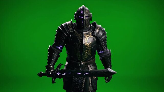 Ornate Dark Knight in Gold Filigree Armor Walking on Green Screen.
