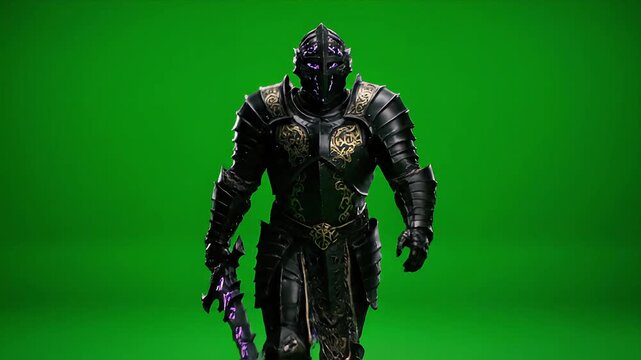 Ornate Dark Knight in Gold Filigree Armor Walking on Green Screen.
