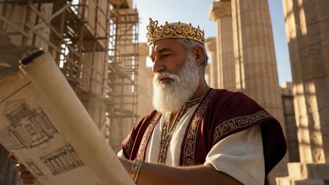 King Solomon Overseeing the Construction of the First Temple in Ancient Jerusalem Holding Architectural Plans on a Scroll.