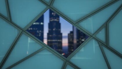 Obraz premium Modern Geometric Glass Facade Overlooking Cityscape At Night