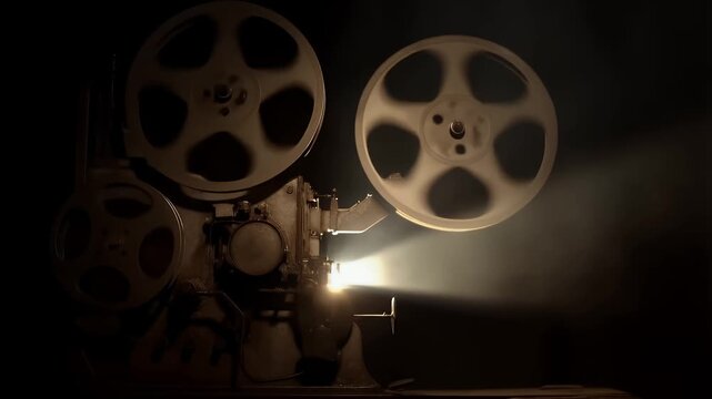 Vintage Film Projector Illuminating Dark Room Cinematic Light Beam
