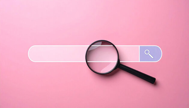 虫眼鏡と検索バーのイメージ　情報検索・調査コンセプト。Search Bar with Magnifying Glass Concept for Information Search.