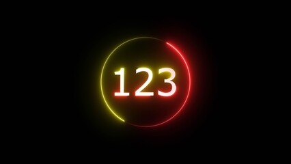 Neon Glowing counting number illustration on black background.  Neon counting timer text number. 