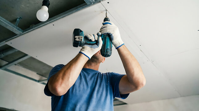 Man in blue shirt using drill to install ceiling panel