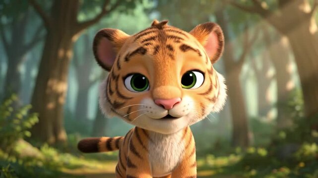 A cartoon tiger with big eyes and orange fur standing in a sunlit forest with trees and greenery.